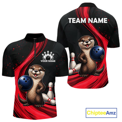 Custom bowling-themed short-sleeve polo shirt shown from the front and back. The black shirt features a red abstract swirl design, a cartoon otter holding a blue bowling ball, bowling pins, and customizable text placeholders 'YOUR NAME' and 'TEAM NAME'.