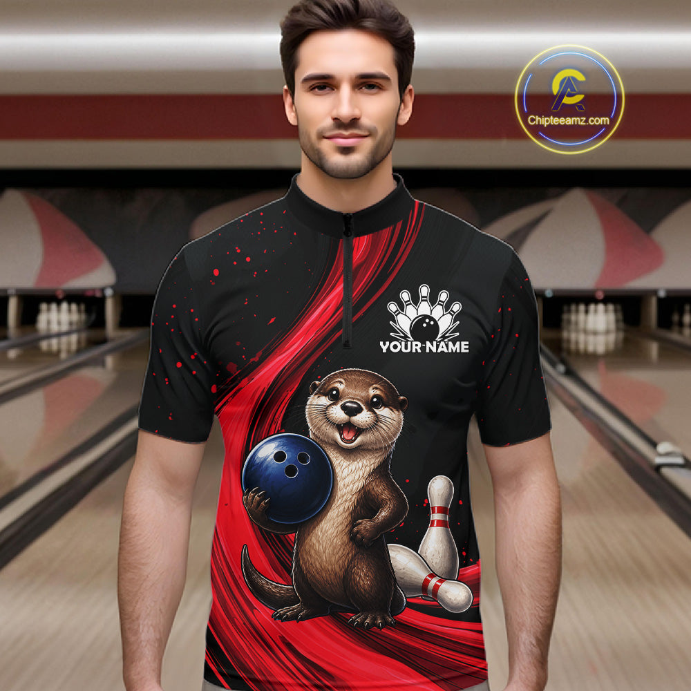 A man wearing a custom bowling-themed short-sleeve jersey with a black and red design, featuring a cartoon otter holding a bowling ball and pins. The jersey has a mock-up bowling alley background and a 'Chipteeamz