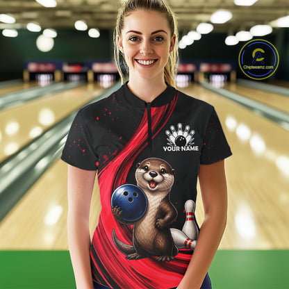 Otter Bowling Shirt Custom Name Black Red Bowling Ball Personalized Team Jersey For Women NHT1273