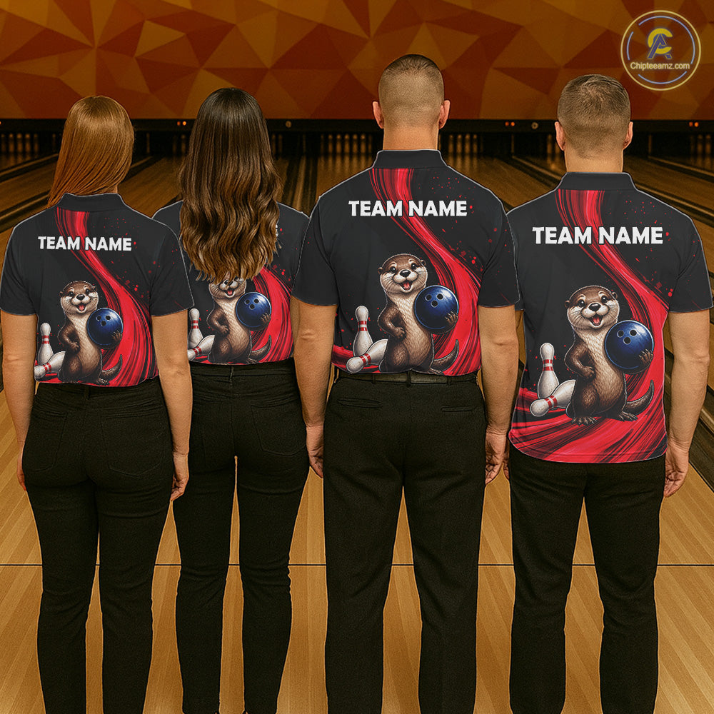 Otter Bowling Shirt Custom Name Black Red Bowling Ball Personalized Team Jersey For Men NHT1273
