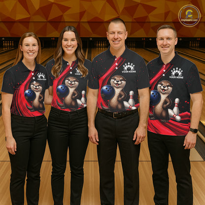 Otter Bowling Shirt Custom Name Black Red Bowling Ball Personalized Team Jersey For Women NHT1273