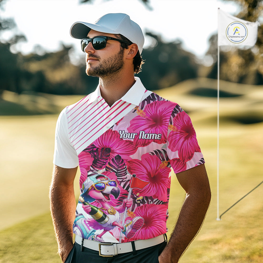 Custom Flamingo Funny Mens Golf Polo Shirt – Personalized Tropical Flower Design NHT595