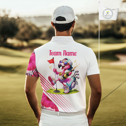 Custom Flamingo Funny Mens Golf Polo Shirt – Personalized Tropical Flower Design NHT595