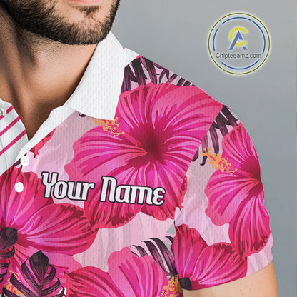 Custom Flamingo Funny Mens Golf Polo Shirt – Personalized Tropical Flower Design NHT595