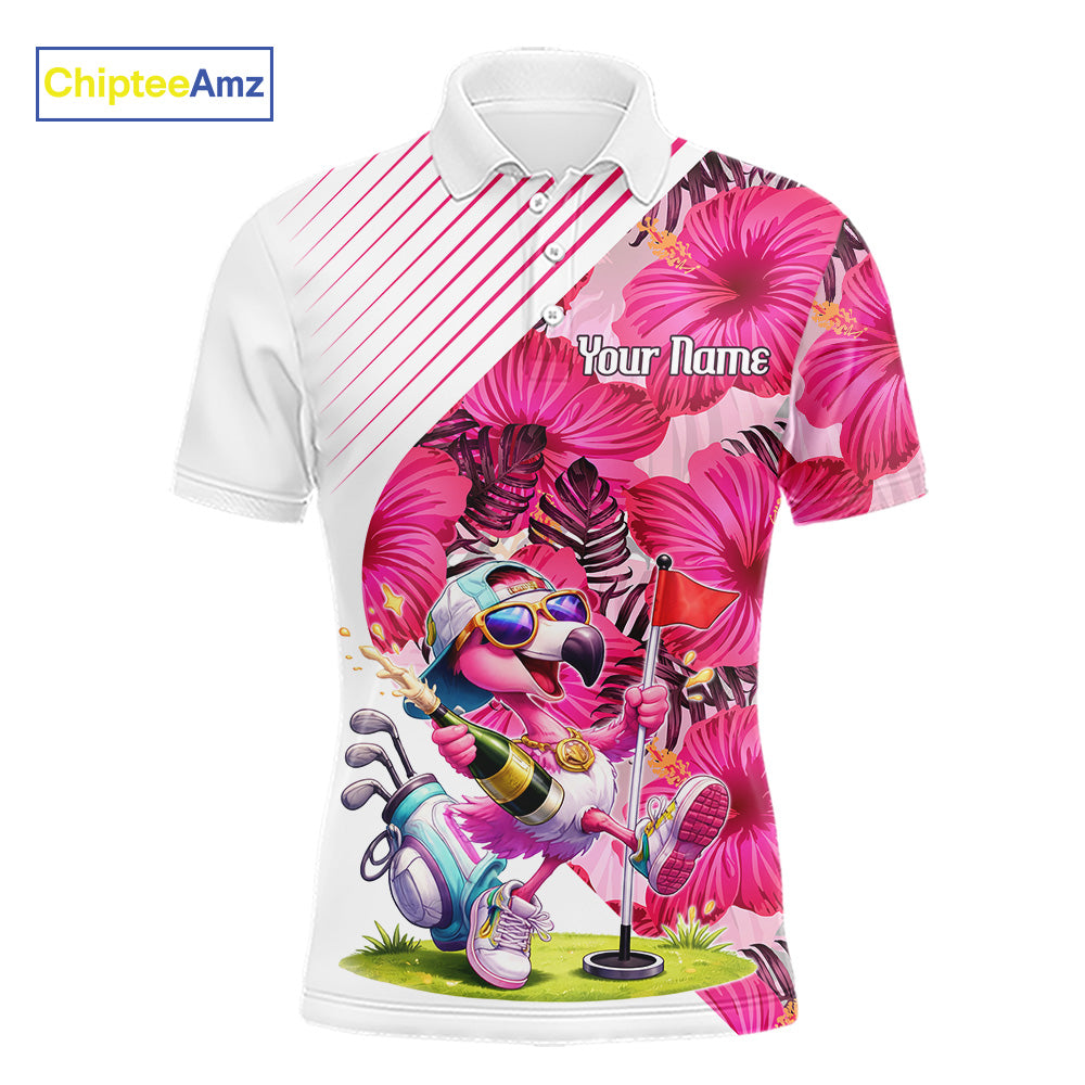 Custom Flamingo Funny Mens Golf Polo Shirt – Personalized Tropical Flower Design NHT595