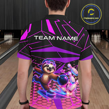 Load image into Gallery viewer, Person wearing a bowling-themed shirt with a sloth character in a bowling alley.