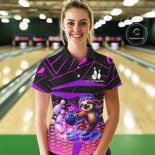 Load image into Gallery viewer, Woman wearing a colorful bowling shirt with a bear design in a bowling alley.