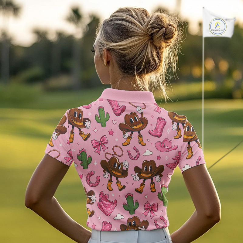 Personalized Women’s Western Polo Shirt Retro Pink Cowgirl Cartoon Pattern Custom Name