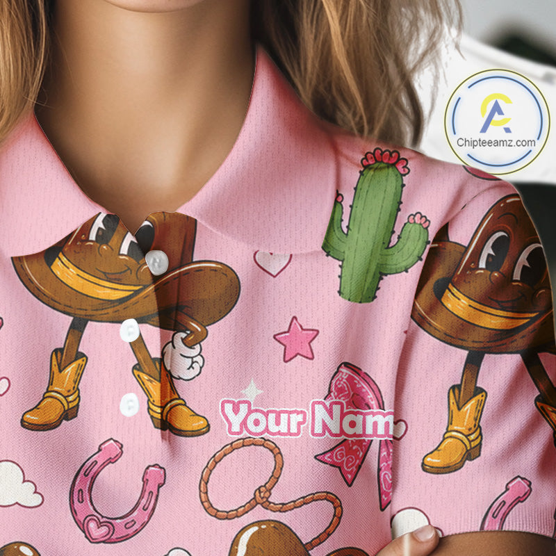 Personalized Women’s Western Polo Shirt Retro Pink Cowgirl Cartoon Pattern Custom Name