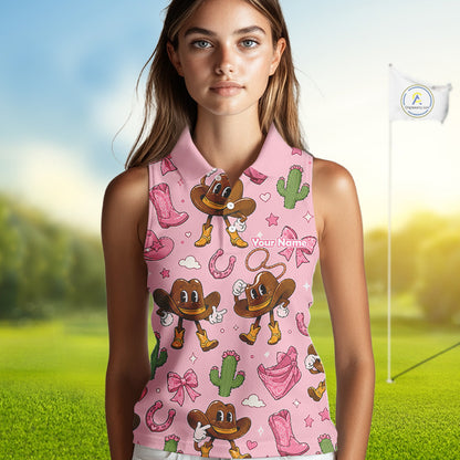 Personalized Women’s Sleeveless Western Polo Shirt Retro Pink Cowgirl Cartoon Pattern Custom Name