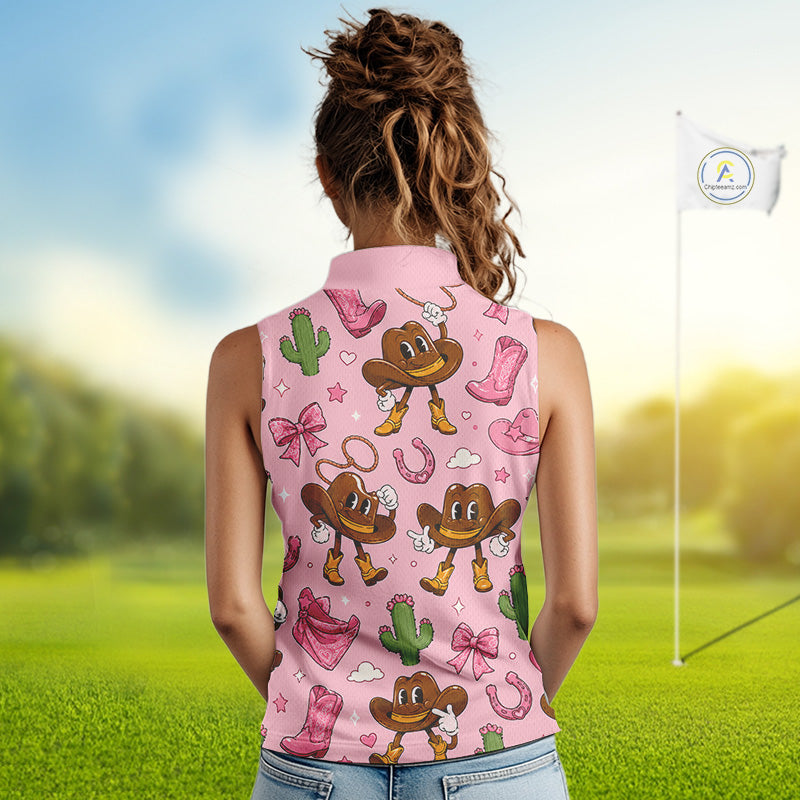 Personalized Women’s Sleeveless Western Polo Shirt Retro Pink Cowgirl Cartoon Pattern Custom Name