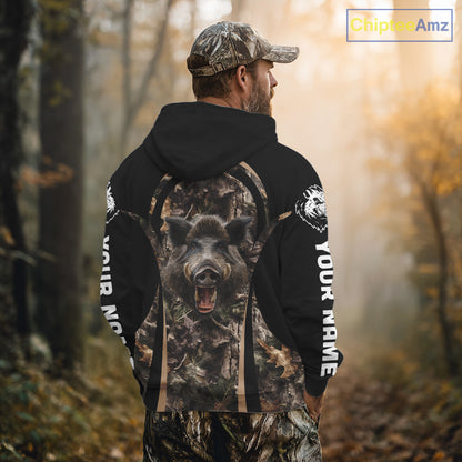 Custom Wild Hog Hunting Black Camo Forest 3D Printed Shirts, Hunting Gifts for Boar Hunter NHT262