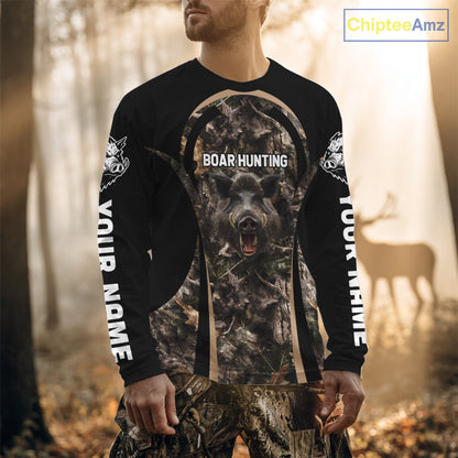 Custom Wild Hog Hunting Black Camo Forest 3D Printed Shirts, Hunting Gifts for Boar Hunter NHT262