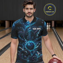 Load image into Gallery viewer, Man wearing a blue and black patterned polo shirt with 'Your Name' text, holding a bowling ball in a bowling alley.