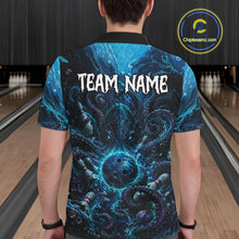 Load image into Gallery viewer, Person wearing a blue and black bowling shirt with 'TEAM NAME' on the back in a bowling alley.
