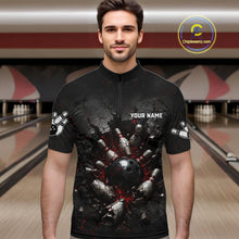 Load image into Gallery viewer, Man wearing a black bowling shirt with a graphic design in a bowling alley.