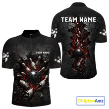 Load image into Gallery viewer, Black bowling shirt with red and white design cracked , customizable text on a white background