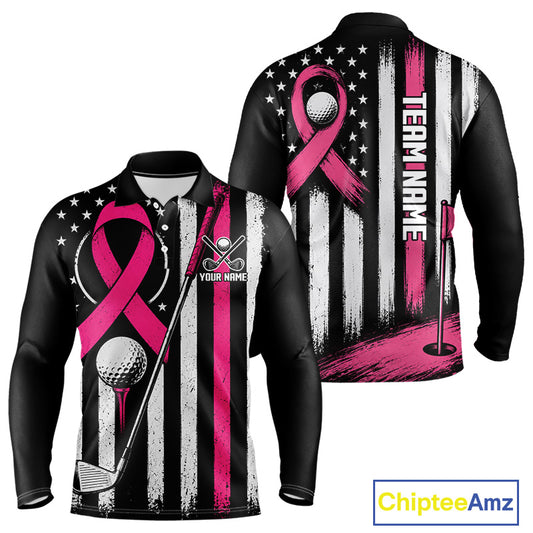 Front and back views of a long-sleeve black polo shirt with a pink and white distressed American flag design, golf-themed graphics including a golf ball, club, and ribbon, and customizable text areas.