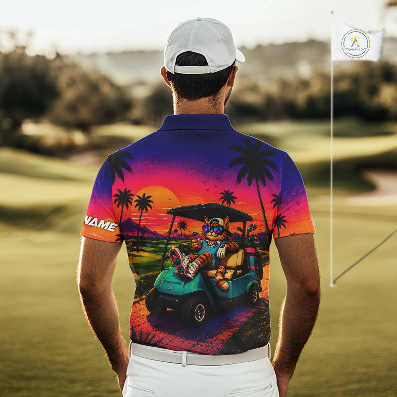 Personalized Cat Mens Golf Polo Shirt – Funny Tropical Sunset Golf Gilf For Golfer
