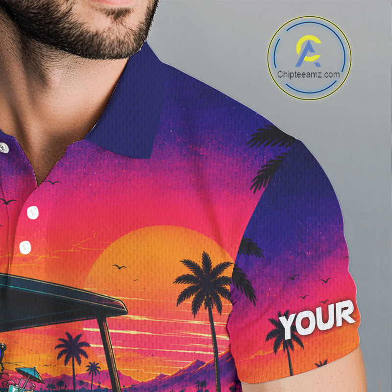 Personalized Cat Mens Golf Polo Shirt – Funny Tropical Sunset Golf Gilf For Golfer