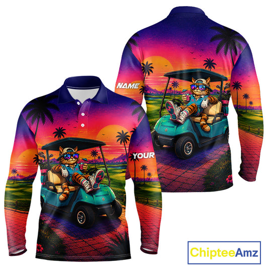 Personalized Cat Mens Golf Polo Shirt – Funny Tropical Sunset Golf Gilf For Golfer