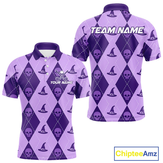 A purple and lavender argyle polo shirt with skull and witch hat patterns, shown from both front and back. The front features a white and purple 'YOUR NAME' customization option, and the back features 'TEAM NAME' customization.