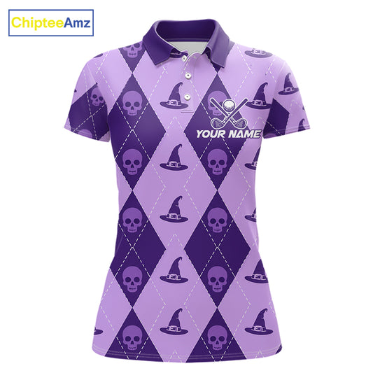A purple and lavender short-sleeve polo shirt with a Halloween-themed argyle pattern featuring skulls and witch hats. The shirt has a custom name and golf ball graphic on the left chest, and a 'ChipteeAmz' logo in the top-left corner.