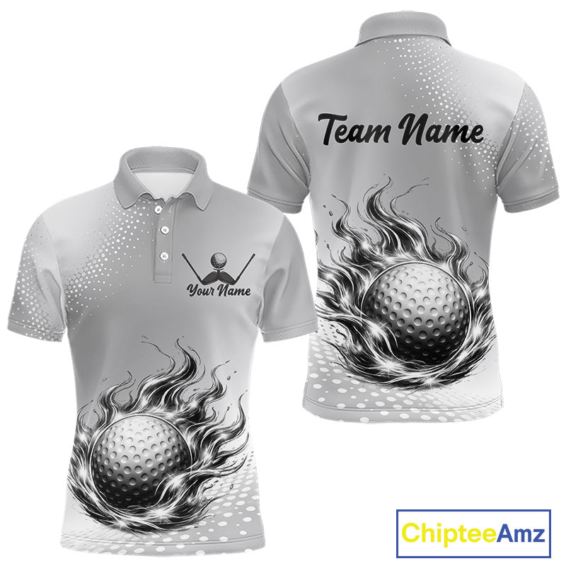 Personalized Flaming Golf Ball Mens Polo Shirt Gray Fire Design Custom Name Golf Shirts For Team NHT619