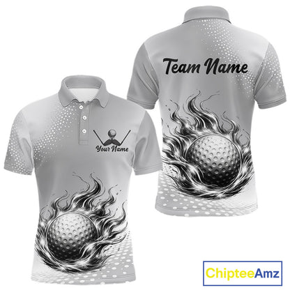 Personalized Flaming Golf Ball Mens Polo Shirt Gray Fire Design Custom Name Golf Shirts For Team NHT619
