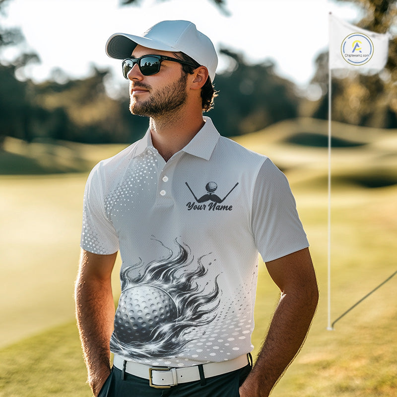 Personalized Flaming Golf Ball Mens Polo Shirt Gray Fire Design Custom Name Golf Shirts For Team NHT619