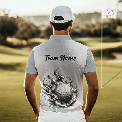 Personalized Flaming Golf Ball Mens Polo Shirt Gray Fire Design Custom Name Golf Shirts For Team NHT619