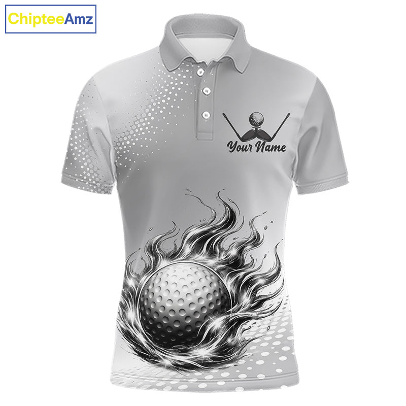 Personalized Flaming Golf Ball Mens Polo Shirt Gray Fire Design Custom Name Golf Shirts For Team NHT619