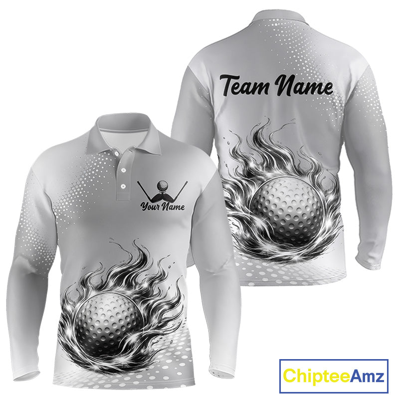 Personalized Flaming Golf Ball Mens Polo Shirt Gray Fire Design Custom Name Golf Shirts For Team NHT619