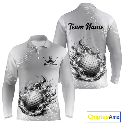 Personalized Flaming Golf Ball Mens Polo Shirt Gray Fire Design Custom Name Golf Shirts For Team NHT619