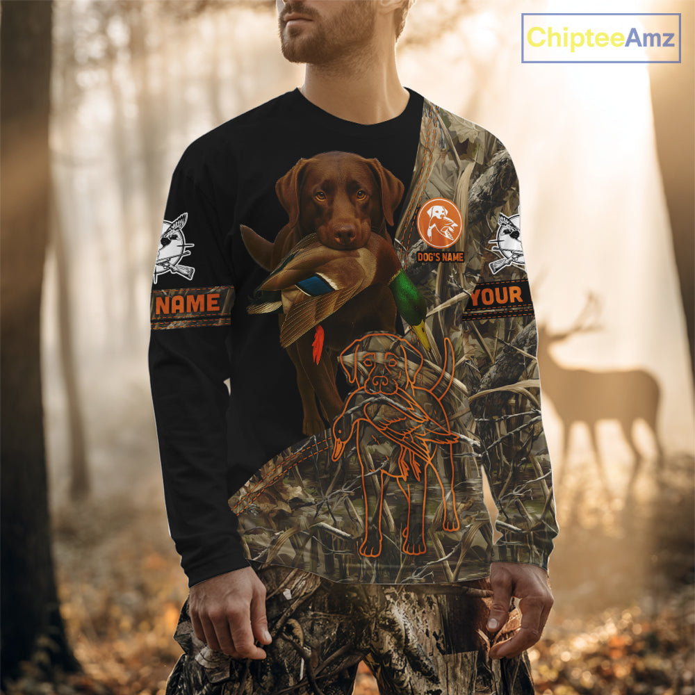 Chocolate Lab Hunting Dog Customized Name All Over Print Shirts For Hunters, Duck Hunting NHT275