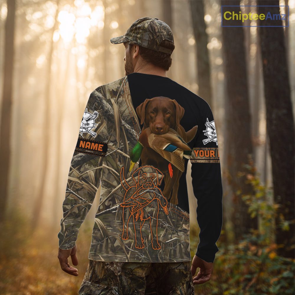 Chocolate Lab Hunting Dog Customized Name All Over Print Shirts For Hunters, Duck Hunting NHT275