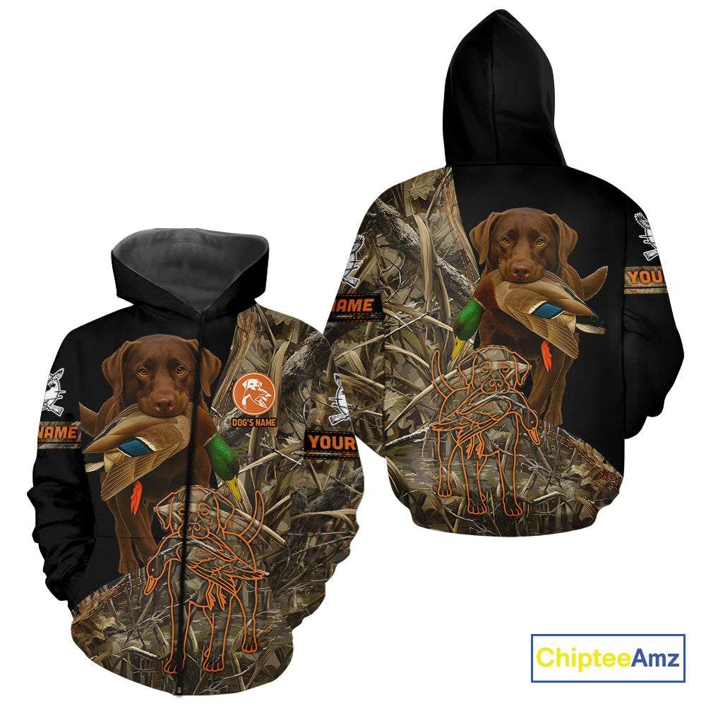 Chocolate Lab Hunting Dog Customized Name All Over Print Shirts For Hunters, Duck Hunting NHT275
