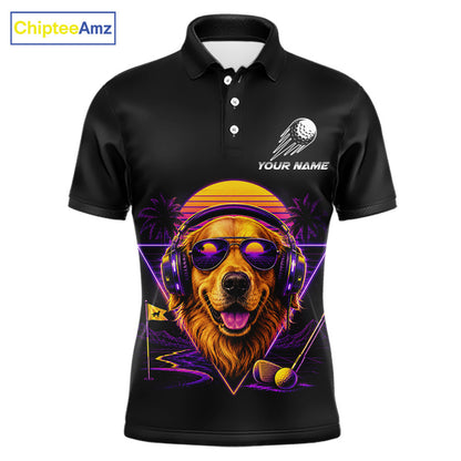 Retro Synthwave Golden Retriever Golf Polo Shirt - Funny Dog Dad Golfing Apparel