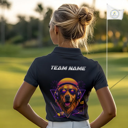 Person wearing a black polo shirt with a colorful dog design and 'Team Name' text on a golf course