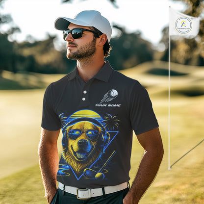 Man wearing a black polo shirt with a bear graphic on a golf course
