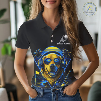 Personalized Golden Retriever Golf Shirt, Neon Blue Cyberpunk Dog Golf Polo Shirt For Womens