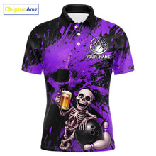 Load image into Gallery viewer, Custom Skeleton Beer Bowling Jersey, Purple Splatter Skull Polo &amp; Quarter-Zip Shirt Gift For Men 