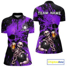 Load image into Gallery viewer, Purple bowling shirt with skeleton design and 'Team Name' text, Chiptee Amz brand visible.