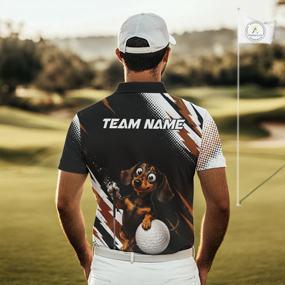 A man viewed from behind wearing a custom-printed black and white golf shirt with a cartoon dachshund and golf ball graphic, standing on a golf course.
