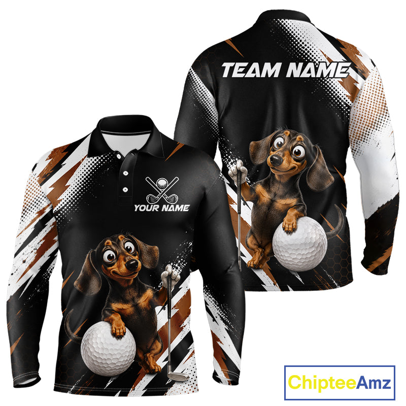 A long-sleeve polo shirt shown from the front and back on a white background. The shirt features a black base with brown and white graphic stripes, a cartoon dachshund holding a golf ball and club, and customizable text areas reading 'TEAM NAME' and 'YOUR NAME'.