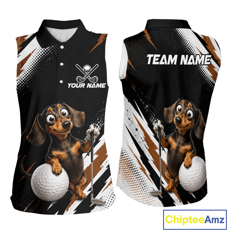 Front and back views of a sleeveless black polo-style shirt with a dachshund and golf ball graphic, white and brown brushstroke patterns, and customizable text areas including 'TEAM NAME' and 'YOUR NAME'.