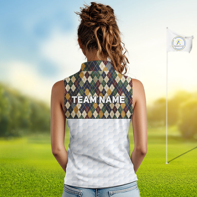 Woman wearing a sleeveless shirt with 'TEAM NAME' on a golf course