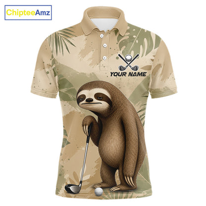 A short-sleeve polo shirt with a beige and green tropical leaf pattern, featuring a large cartoon sloth holding a golf club on the front, with a customizable name print and crossed golf clubs graphic. The ChipteeAmz logo is visible in the top-left corner.