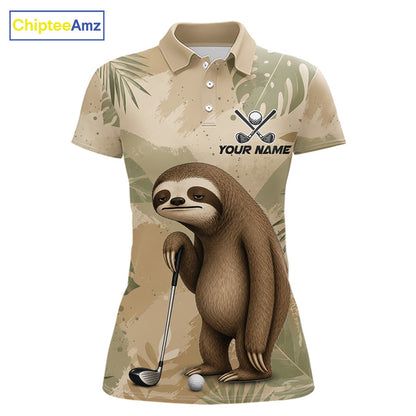 A women's short-sleeve polo shirt in a beige and green camouflage pattern, featuring a cartoon sloth holding a golf club with a golf ball. The shirt has a customizable design with the text 'YOUR NAME' and a golf ball and clubs graphic on the chest.