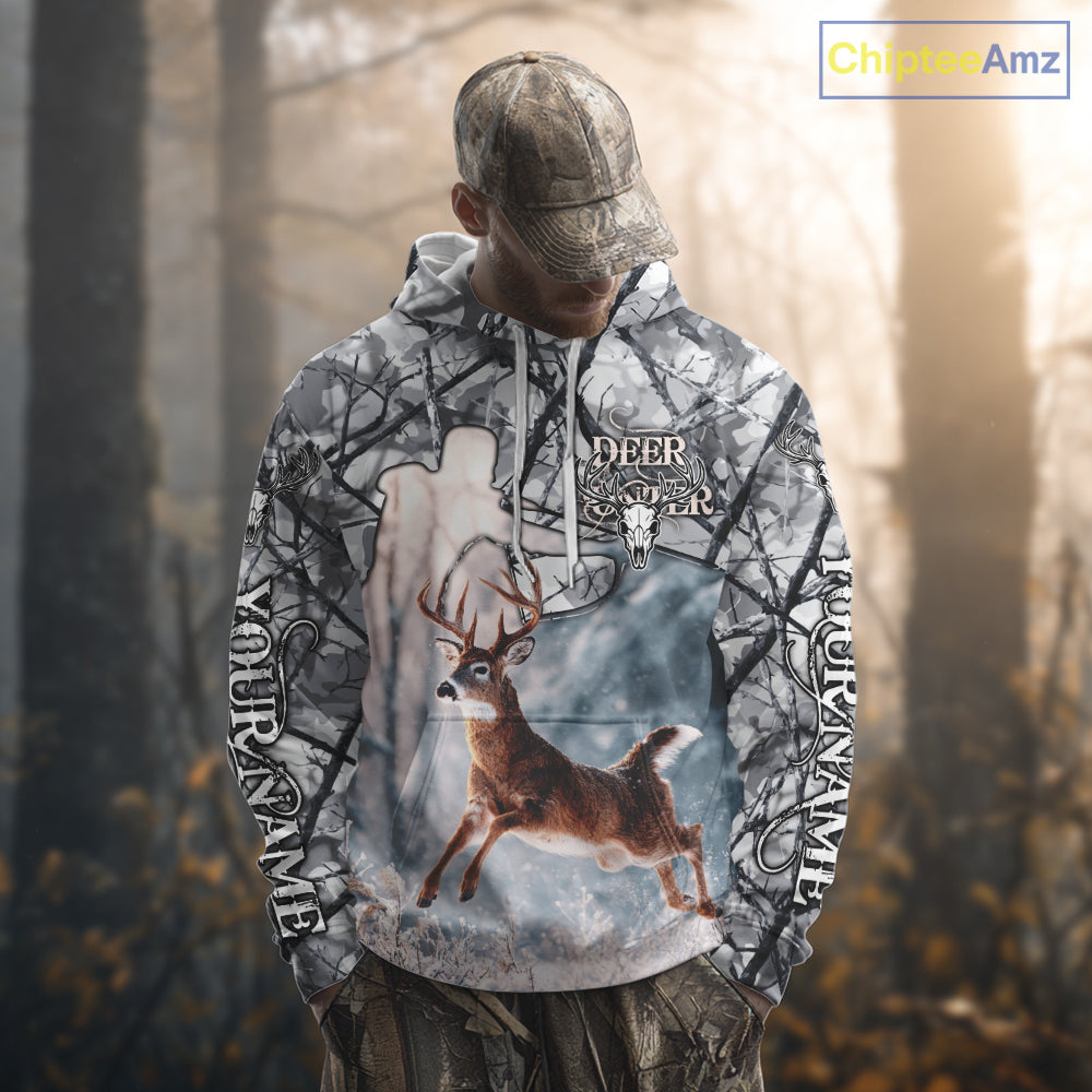 Beautiful Deer Hunting Shirt Camo Gray 3D Full Body Jumping Whitetail Deer Custom Name NHT94